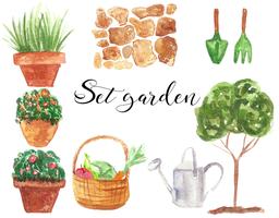 Conjunto de jardín. Ilustración acuarela Aislado. Natural, orgánico. Planta, flores, arbol, riego, camino. Verde, marrón, rojo. Vector.