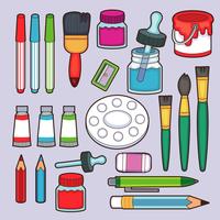 Painting tools. Cartoon paintbrush and canvas, easel and paints. Watercolor palette. Artistic vector set of easel and paint for drawing illustration