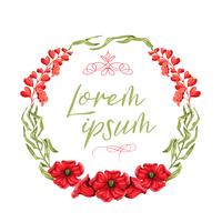 Circular watercolor wreath with bright poppies, red flax flowers and green leaves on white background. Floral wedding invitation and greeting card. vector