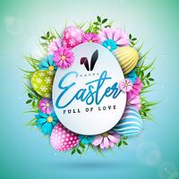 Happy Easter Holiday Design with Painted Egg and Spring Flower on Blue Background.  vector