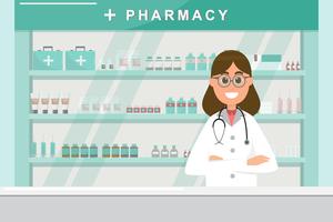Farmacia con enfermera en mostrador. personaje de dibujos animados de droguería vector