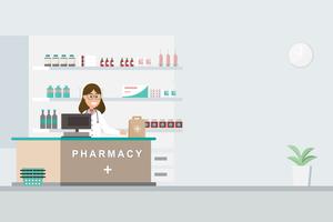 pharmacy with nurse in counter. drugstore cartoon character vector