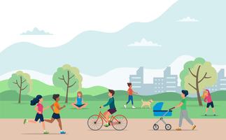 Personas que realizan diversas actividades al aire libre en el parque. Correr, montar en bicicleta, pasear al perro, hacer ejercicio, meditar, andar en cochecito de bebé. vector