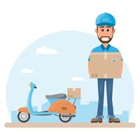 delivery man with box. Postman design isolated on white background. Courier in hat and uniform with package.