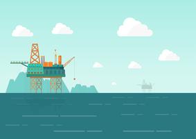 Drilling rig at the sea. Oil platform, gas fuel on landscape flat vector illustration