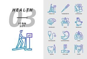 Paquete de iconos para la salud, hospital, prueba de esfuerzo, termómetro, ultrasonido, neurología, pelvis, radiología, estetoscopio, gastroenterólogo, pulmones, dental, signo vital, colon. vector