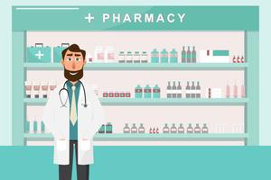 Farmacia con medico en mostrador. personaje de dibujos animados de droguería vector