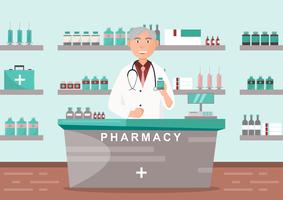 pharmacy with doctor in counter. drugstore cartoon character design vector