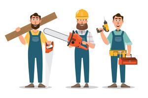 Carpenter, repairman with saw and tools. professionals teamwork.