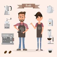 Hombre y mujer barista con máquina y accesorios en una cafetería. vector