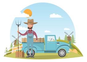 farmer cartoon character with milk cow in organic rural farm vector