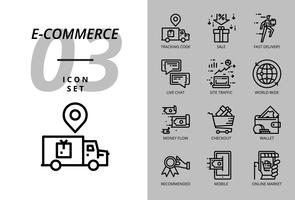 Icon pack for e-commerce, tracking code, sale, fast delivery, money flow, checkout, wallet, live chat, site traffic, world wide, mobile, online market. vector
