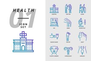 Icon pack for health , hospital, doctor, elder, eye, bone, blood test, blood sugar, ipid fat, gout, plastic surgery, gynaecology, urology. vector