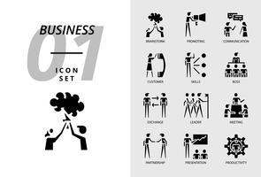 Paquete de iconos para negocios, Tormenta de ideas, promoción, comunicación, cliente, habilidades, jefe, intercambio, líder, reunión, asociación, presentación, productividad. vector