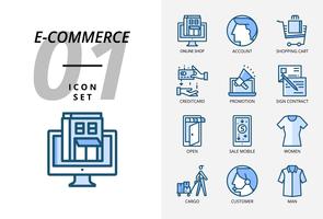 Paquete de iconos para comercio electrónico, tienda en línea, cuenta, carrito de compras, crédito de pago, promoción, contrato de firma, tienda abierta, venta de productos móviles, ropa de mujer, carga, cliente, ropa de hombre. vector