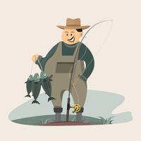 Fisherman character holding a big fish and a fishing rod with lake and river landscape