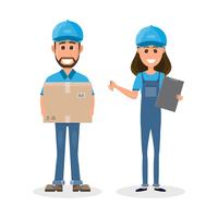 delivery man and girl with box. Postman design isolated on white background vector