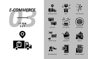 Icon pack for e-commerce, tracking code, sale, fast delivery, money flow, checkout, wallet, live chat, site traffic, world wide, mobile, online market.