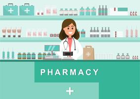 pharmacy with nurse in counter. drugstore cartoon character  vector