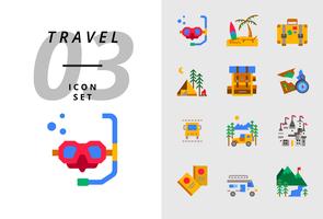 Pack icon for travel, Scuba, beach, suitcase, camping, backpack, map, bus ticket, camper, castle, passport, camper van, Ice mountain. vector