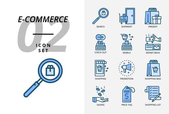 Icon pack for e-commerce, search, shipment, present, check out, mobile, money back, man clothing, promotion, shopping bag, shopping.