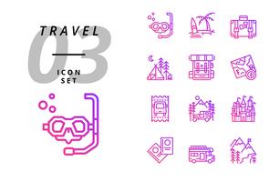 Pack icon for travel, Scuba, beach, suitcase, camping, backpack, map, bus ticket, camper, castle, passport, camper van, Ice mountain.