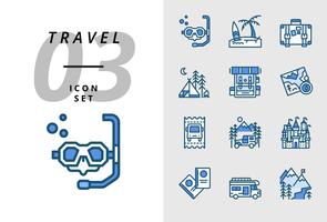 Pack icon for travel, Scuba, beach, suitcase, camping, backpack, map, bus ticket, camper, castle, passport, camper van, Ice mountain. vector