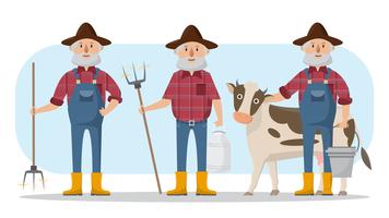 happy farmer family cartoon character in organic rural farm vector