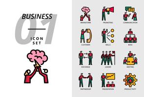 Paquete de iconos para negocios, Tormenta de ideas, promoción, comunicación, cliente, habilidades, jefe, intercambio, líder, reunión, asociación, presentación, productividad. vector