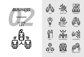 Icon pack for business, team, competition, conference, idea, insurance, rotation, goal, motivation, outsourcing, structure, success, productivity. vector