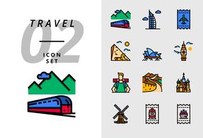 Pack icon for travel, Train transportation, Dubai, flight ticket, pyramid, opera, Big Ben, backpacker, Great Wall, Taj Mahal, windmill, train ticket, boat ticket. vector