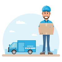 delivery man with box. Postman design isolated on white background. Courier in hat and uniform with package. vector