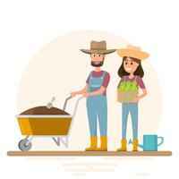 man and woman planting vegetable inside farm vector