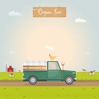 Farming with vintage car and barn house in dairy farm vector
