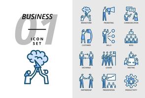 Paquete de iconos para negocios, Tormenta de ideas, promoción, comunicación, cliente, habilidades, jefe, intercambio, líder, reunión, asociación, presentación, productividad. vector