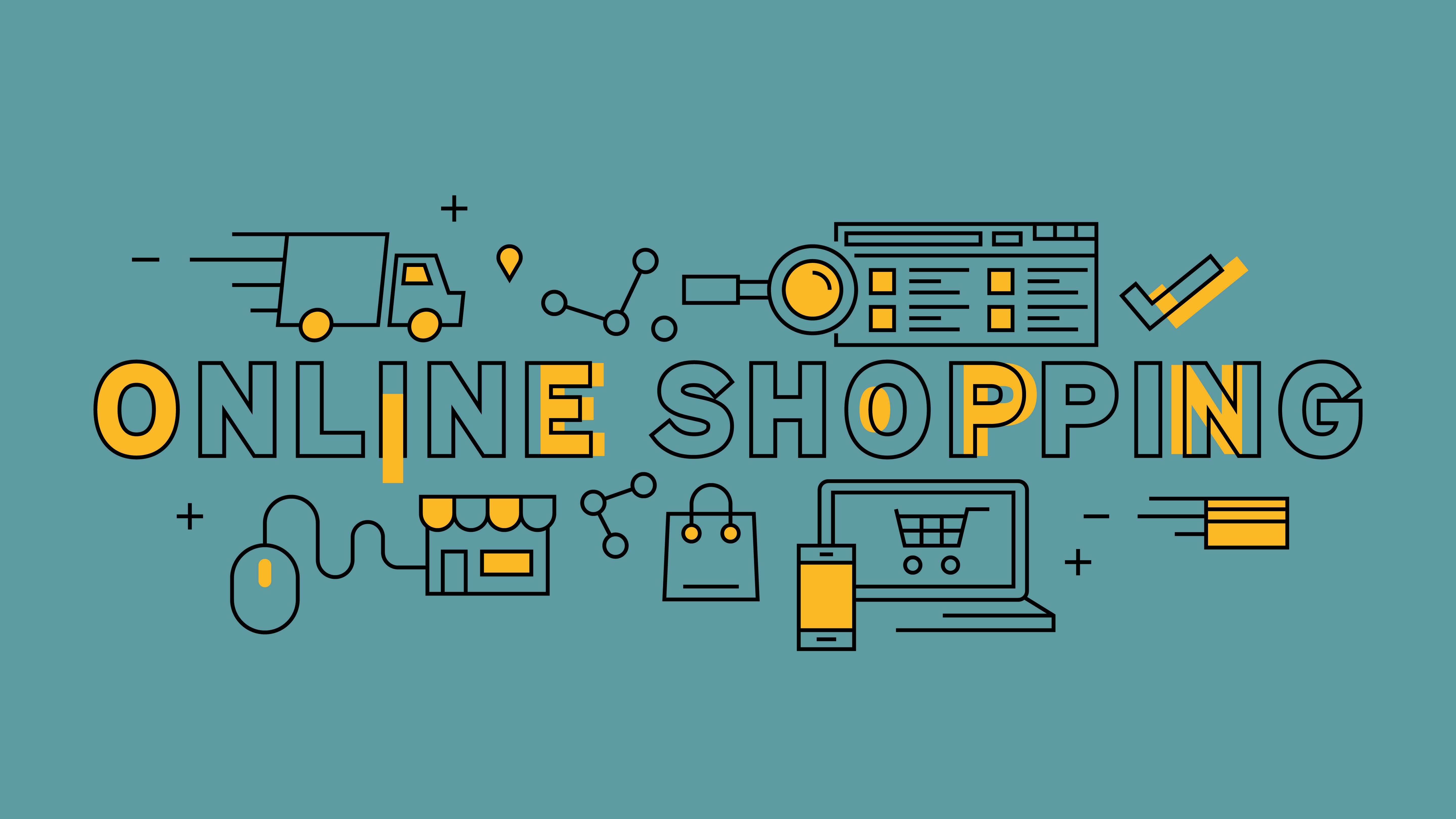 Online Shopping Typography Orange Flat Line Design In Blue