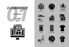 Icon pack for e-commerce, online shop, account, shopping cart, pay credit, promotion, sign contract, shop open, sale mobile, women cloth, cargo, customer, man cloth. vector