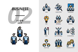 Paquete de iconos para negocios, equipo, competencia, conferencia, idea, seguro, rotación, objetivo, motivación, subcontratación, estructura, éxito, productividad. vector