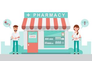 pharmacy with man and woman in front of drugstore. vector