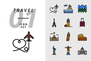 Pack icon for travel, Air plane, scenery, forest, Paris tower, lighthouse, trolley bag, Taj Mahal, Pisa tower, colosseum, statue of united states, deja neiro, capital use.