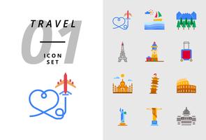 Pack icon for travel, Air plane, scenery, forest, Paris tower, lighthouse, trolley bag, Taj Mahal, Pisa tower, colosseum, statue of united states, deja neiro, capital use. vector