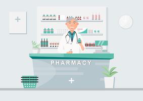 pharmacy with doctor in counter. drugstore cartoon character vector