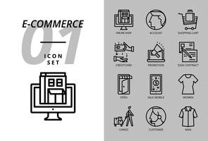 Icon pack for e-commerce, online shop, account, shopping cart, pay credit, promotion, sign contract, shop open, sale mobile, women cloth, cargo, customer, man cloth. vector