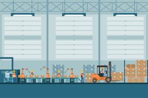 smart industrial factory in a flat style with workers, robots and assembly line packing vector