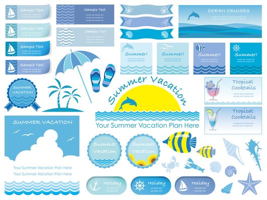 Set of assorted summer info-graphics, cards, and icons isolated on white background.