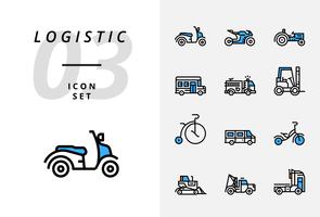 Paquete de iconos para logística, camión rápido, compra, tiempo de entrega, carretilla elevadora, contenedor, embalaje, contenedor, barco, cartero, transporte aéreo, mensajero de bicicleta, seguimiento. vector