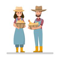 Granjero con huevos y gallina. Hombre y mujer de dibujos animados con alimentos naturales orgánicos de la granja del pueblo vector