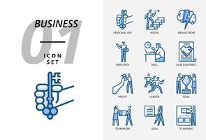 Paquete de iconos para negocios y estrategia, clave personal, visión, tormenta de ideas, empleado, habilidad, contrato de firma, ganancia, líder, objetivo, trabajo en equipo, señal, planificación. vector