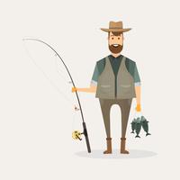 Fisherman character holding a big fish and a fishing rod with lake and river landscape vector