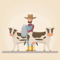 personaje de dibujos animados del granjero con vaca de leche en granja rural orgánica vector